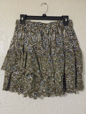 Envogue Olive Floral Lace Tiered Mini Skirt with Blue Accents